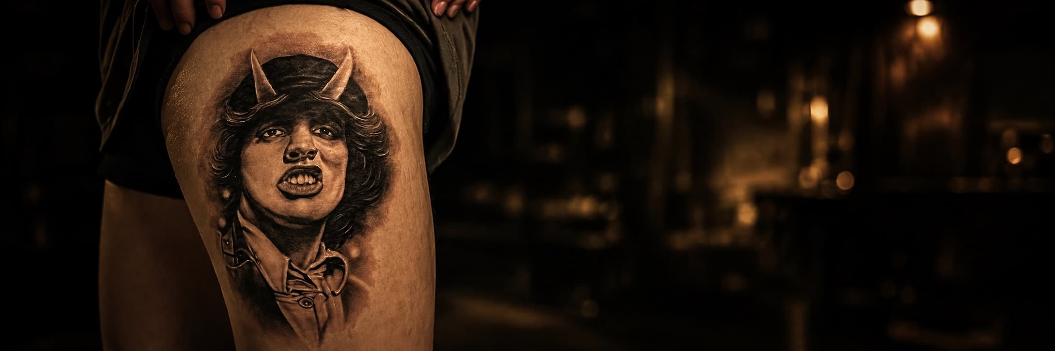 Black and grey portrait realism thigh tattoo of Angus Young in a schoolboy cap with devil horns at Bloodline Tattoo Phuket
