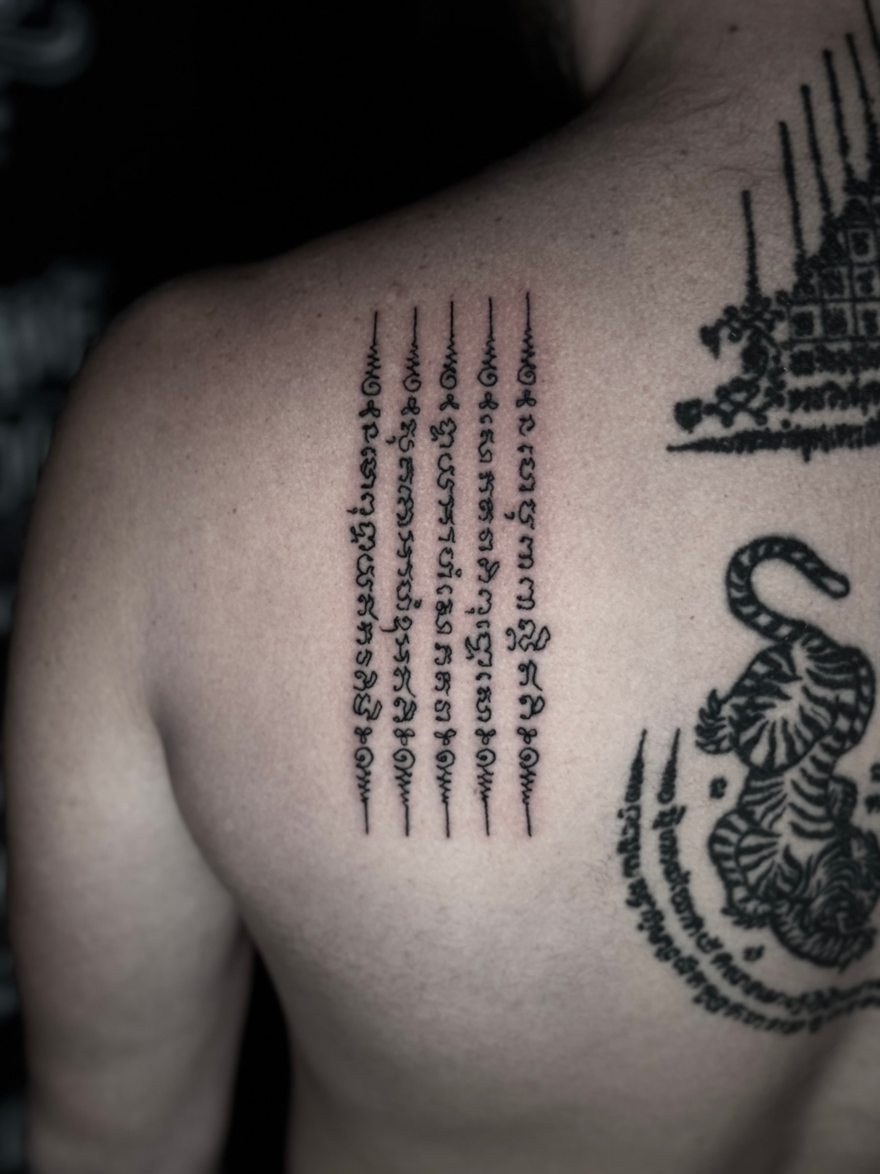 Hah Taew (Five Lines) Sak Yant with five Khom script columns and unalome flourishes on the left shoulder blade at Bloodline Tattoo Phuket.